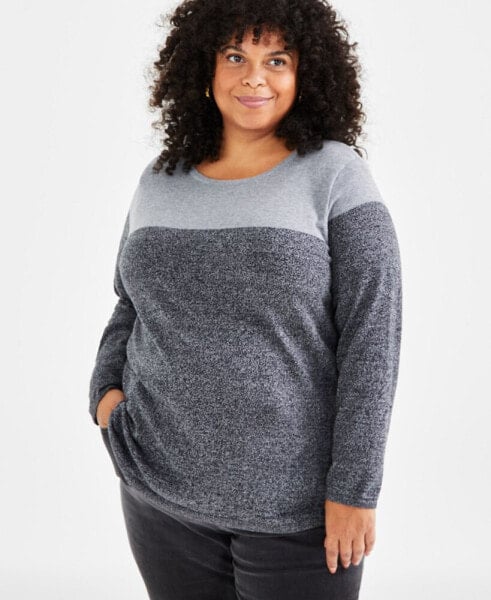 Plus Size Cotton Color-Blocked Curved-Hem Sweater, Created for Macy's