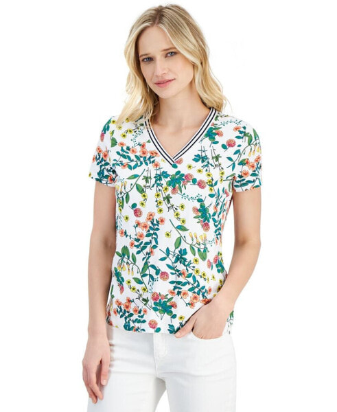 Women's Floral-Print Short-Sleeve V-Neck Top