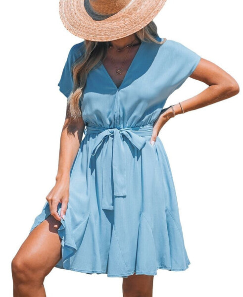 Women's Soft Blue Short Sleeve Surplice Mini Beach Dress