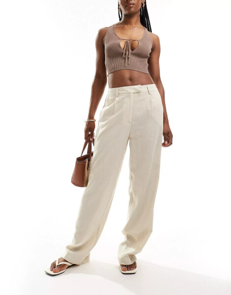 Pieces linen blend high waisted wide leg trouser in cream