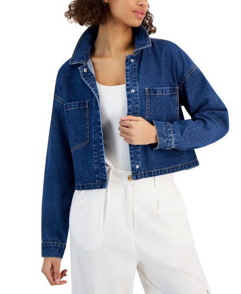 Juniors' Cropped Denim Collared Jacket