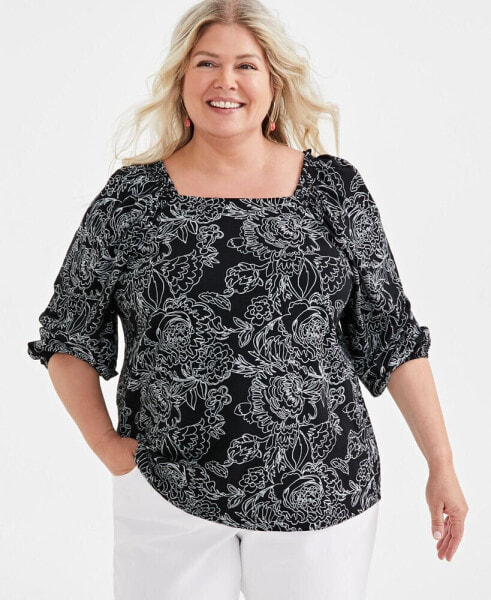 Floral-Print Square-Neck Top, Created for Macy's