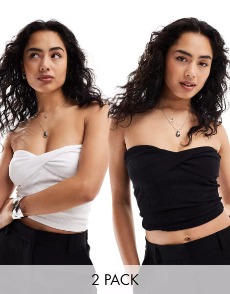 Cotton On 2 pack twist front bandeau crop top black white