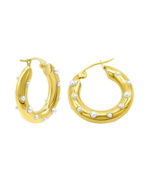 Tarnish Resistant 14K Gold-Plated Imitation Pearl-Studded Hoop Earrings