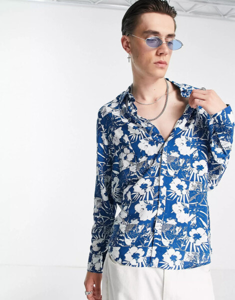 Devils Advocate oversized floral long sleeve shirt in blue