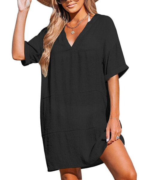 Women's Tan Loose-Fit V-Neck Cover-Up Dress