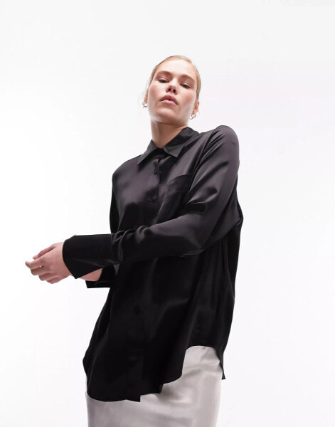 Topshop longline satin shirt in black