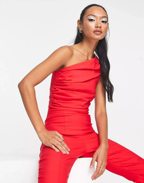 Vesper one shoulder ruched crop top co-ord in red