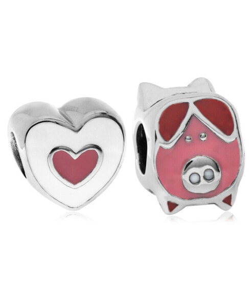 Children's Enamel Piglet Heart Bead Charms - Set of 2 in Sterling Silver