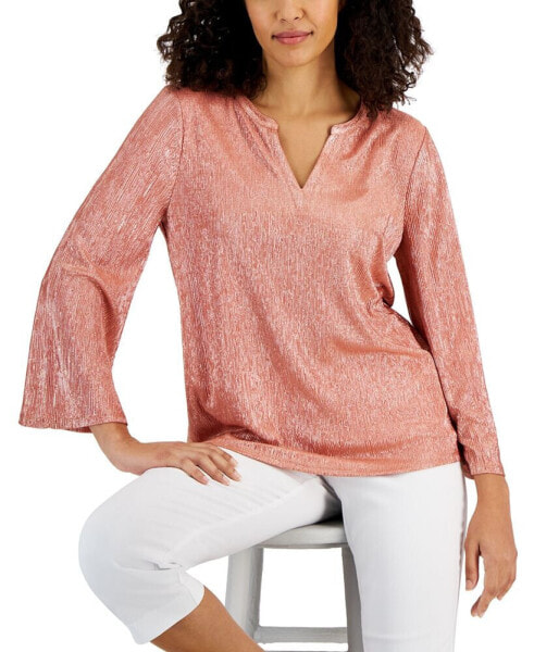 Women's Shine 3/4 Sleeve Plisse Split-Neck Top, Created for Macy's