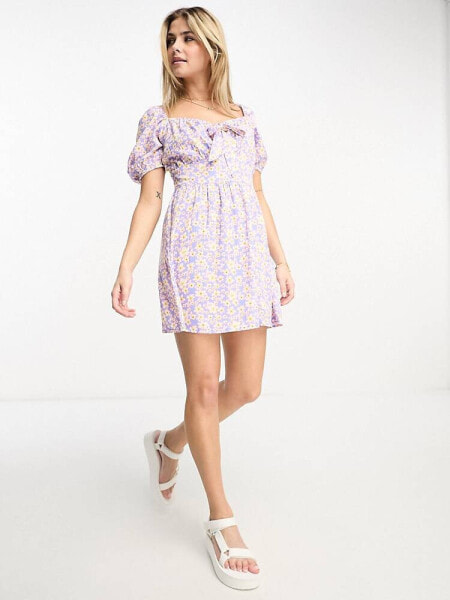 Wednesday's Girl tie front mini tea dress in purple floral