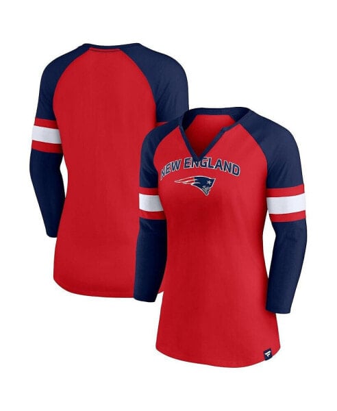 Women's Red, Navy New England Patriots Arch Raglan 3/4-Sleeve Notch Neck T-shirt