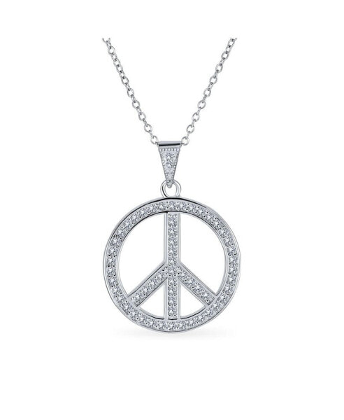 Pave Cubic Zirconia CZ Open Peace Sign Pendant Necklace For For Women Sterling Silver With Chain