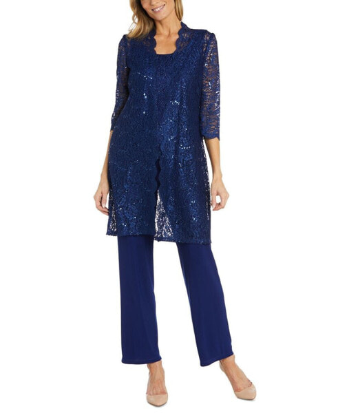 Petite 3-Pc. Sequined-Lace Jacket, Top & Pants