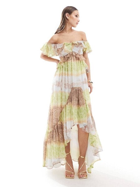 ASOS DESIGN ruffle cut out off the shoulder maxi dress with hi low hem in mixed vintage floral