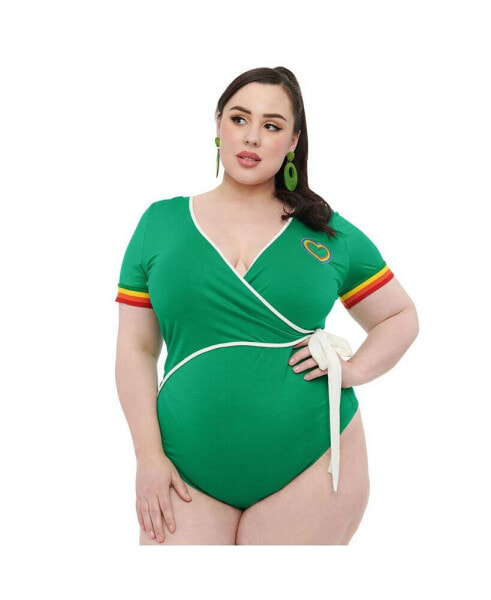 Plus Size 1970s Short Sleeve Surplice Bodysuit