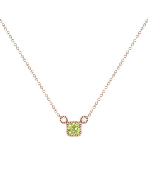 Cushion Peridot Gemstone Round Natural Diamond 14K Rose Gold Birthstone Necklace