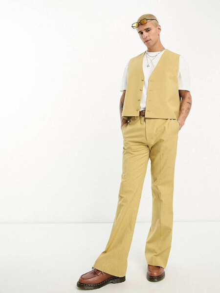 ASOS DESIGN flare suit trouser in slubby linen in beige