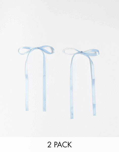 DesignB London pack of 2 hair bow ribbons in pale blue satin