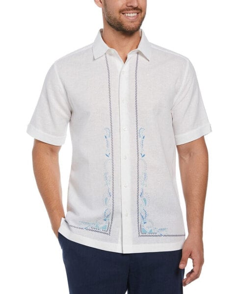 Men's Classic Fit Linen Blend Short Sleeve L-Shape Embroidery Shirt