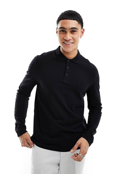 ASOS DESIGN long sleeve smart pique polo in black