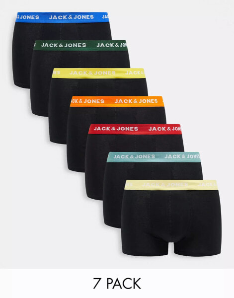 Jack & Jones 7 pack trunks in black with multi colour waistband