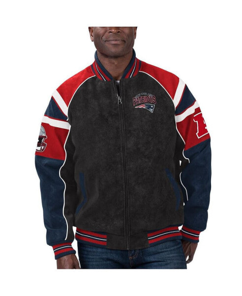 Men's Black New England Patriots Faux Suede Raglan Full-Zip Varsity Jacket