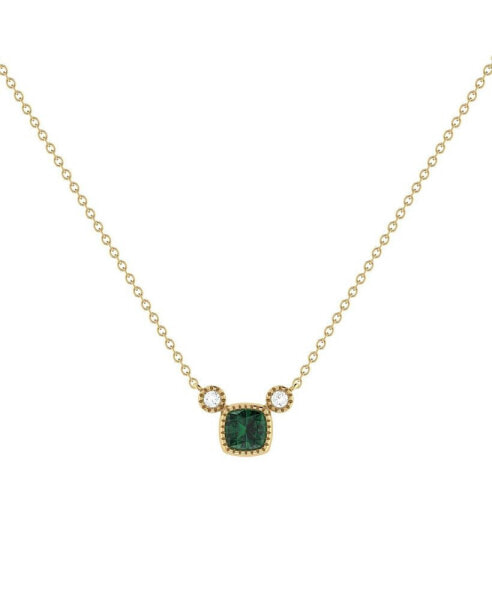 Cushion Cut Emerald Gemstone, Natural Diamond 14K Yellow Gold Birthstone Necklace