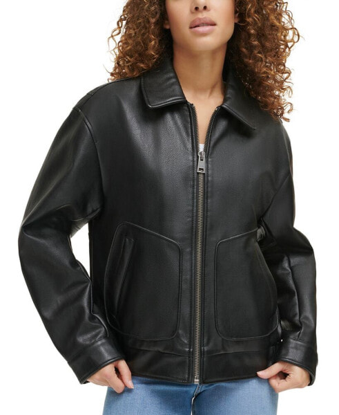 Women's Retro Faux-Leather Bomber Jacket