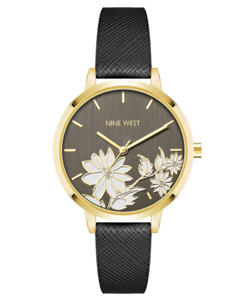 Woman's Quartz Black Faux Leather Band and Floral Pattern Watch, 36mm