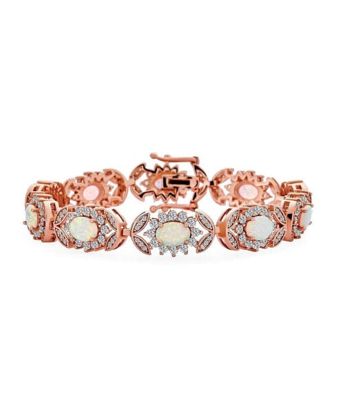 Statement Alternating Flower Oval CZ Synthetic White Opal Bracelet Rose Gold