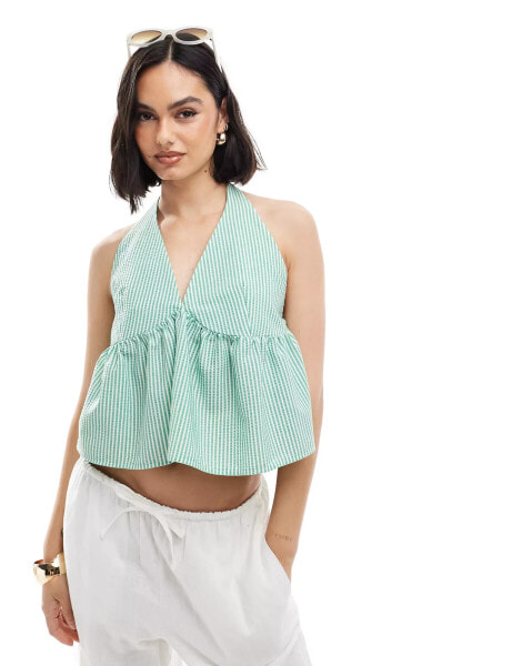 ASOS DESIGN open tie side halter top in green stripe