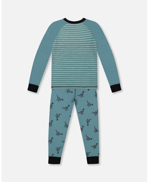Boy Organic Cotton Long Sleeve Two Piece Pajama Set Teal With Mechanical Dinosaurs Print - Child