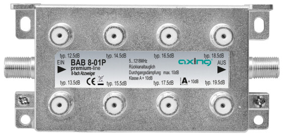 axing BAB 8-01P, Kabelsplitter, 5 - 1218 MHz, Grau, A, F, 115 mm