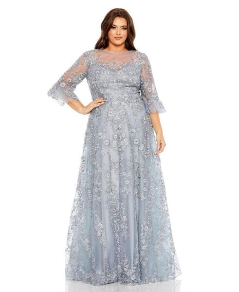 Women's Plus Size High Neck Flutter Sleeve Embroidered A Line Gown