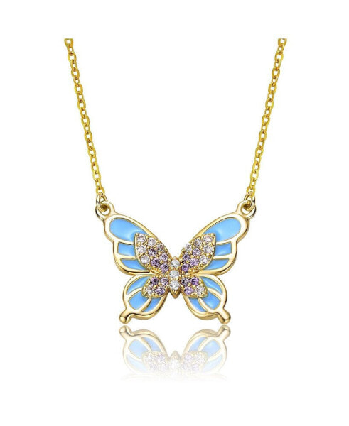 Kids 14k Gold Plated with Shades of Amethyst Cubic Zirconia Blue Enamel Butterfly Pendant Necklace