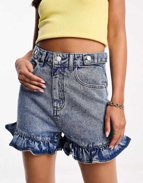 DTT frill hem denim shorts in mid blue