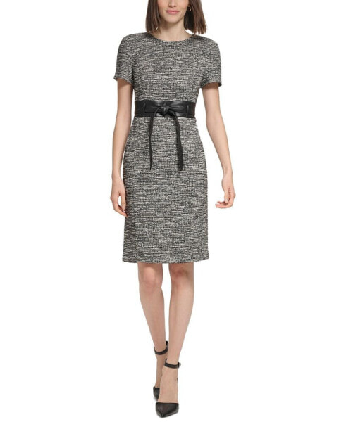 Petite Tweed Tie-Front Short-Sleeve Dress