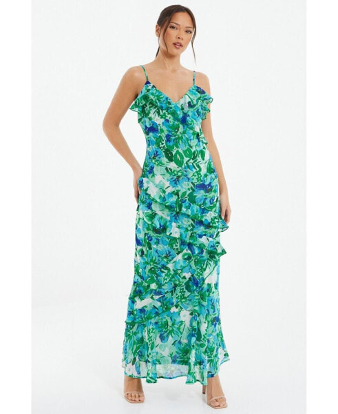 Women's Chiffon Floral Frill Maxi Dress