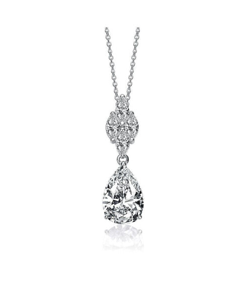 Sterling Silver with White Gold Plated Clear Pear with Marquise Cubic Zirconia Cluster Accent Drop Necklace