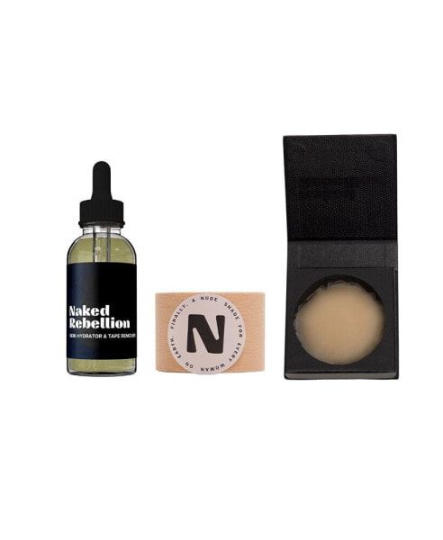 Women's The Nudist Kit: Nude Shade Sweat-Proof Boob Tape, Skin Hydrator and Tape Remover Body Oil & Reusable Nipple Stickies