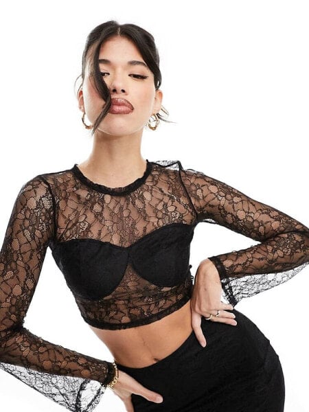 Simmi lace flared sleeve top co-ord in black