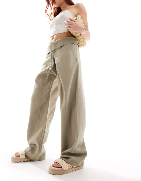 Mango fold over straight leg trousers in khaki