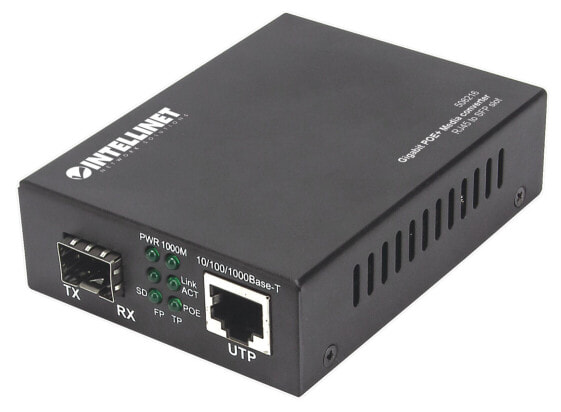 Intellinet Gigabit PoE+ Media Converter - 1 x 1000Base-T RJ45 Port to 1 x SFP Port - PoE+ Injector (Euro 2-pin plug) - 1000 Mbit/s - 1000Base-T - IEEE 802.3 - IEEE 802.3ab - IEEE 802.3af - IEEE 802.3at - IEEE 802.3u - Gigabit Ethernet - 10,100,1000 Mbit/s - Full - H