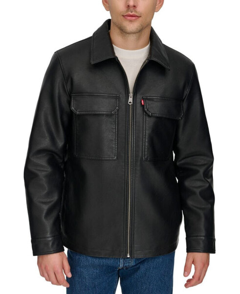 Men's Faux-Leather Zip Utility Shirt Jacket