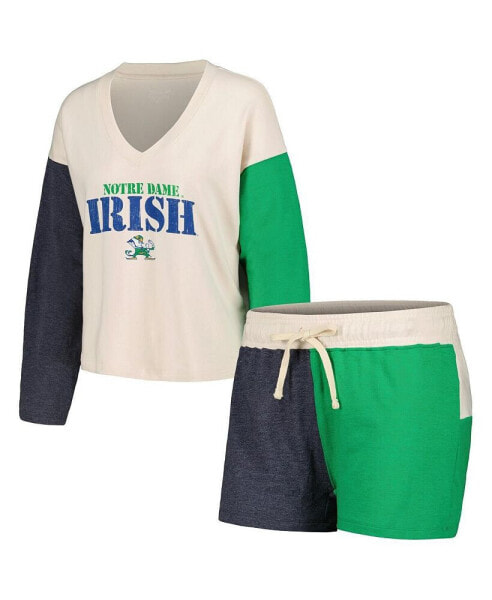 Women's Cream Distressed Notre Dame Fighting Irish Colorblock Tri-Blend Long Sleeve V-Neck T-shirt and Shorts Sleep Set