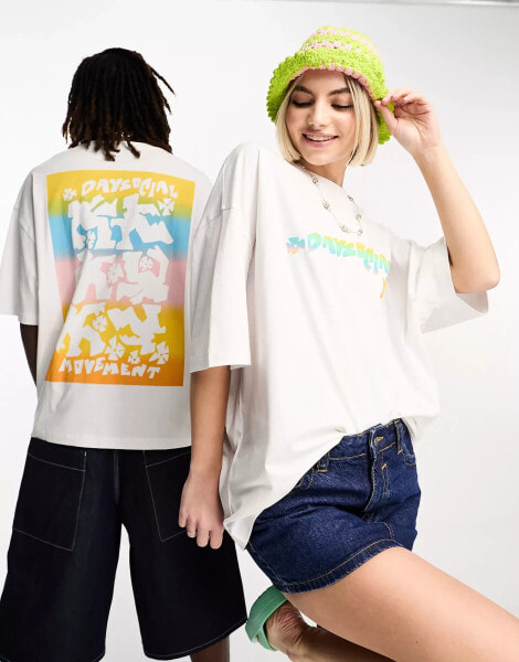 ASOS Day Social oversized t-shirt with large rainbow graphic print in white