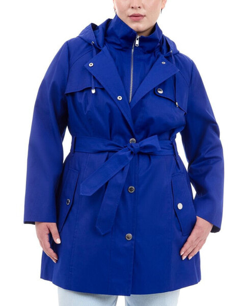 Plus Size Hooded Belted Zip-Front Raincoat