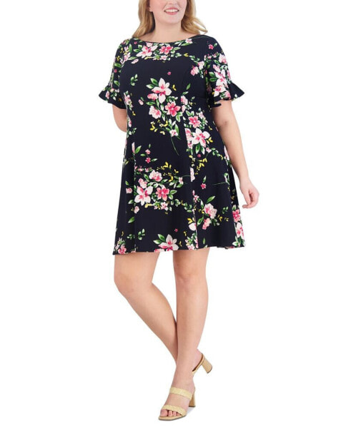 Plus Size Printed Ruffle-Sleeve Fit & Flare Dress