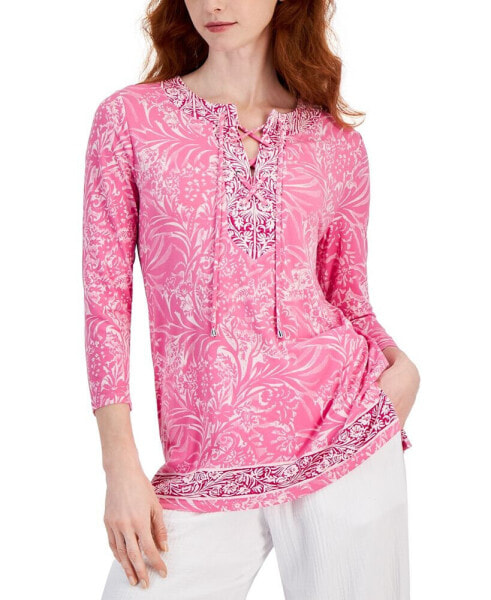 Women's Printed 3/4 Sleeve Lace-Up Knit Top, Created for Macy's